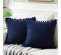 Fancy Homi Lot de 2 housses de coussin décoratives carrées avec pompons, en velours côtelé uni et doux, pour canapé, sofa, chambre, voiture, salon, 40 x 40 cm, bleu marine