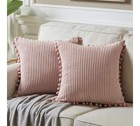 Fancy Homi Lot de 2 Housses de Coussin décoratives carrées avec Pompons, en Velours côtelé uni et Doux, pour canapé, Sofa, Chambre, Voiture, Salon, 45 x 45 cm, Rose pâle