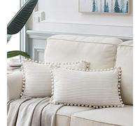 Fancy Homi Lot de 2 Housses de Coussin décoratives carrées de Style bohème avec Pompons, en Velours côtelé uni et Doux, pour Salon, canapé, Sofa, Chambre, Voiture, 30 x 60 cm, Blanc crème