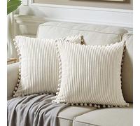 Fancy Homi Lot de 2 Housses de Coussin décoratives carrées de Style bohème avec Pompons, en Velours côtelé uni et Doux, pour canapé, Sofa, Chambre, Voiture, Salon, 40 x 40 cm, crème