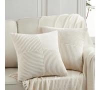 Fancy Homi Lot de 2 Housses de Coussin décoratives carrées de Style bohème et Rustique en Velours côtelé et Patchwork texturé de Style Rustique 45 x 45 cm, crème