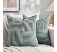 Fancy Homi Lot de 2 housses de coussin décoratives carrées en patchwork de velours côtelé doux, bleu gris, pour canapé, lit, sofa, 35 x 35 cm, style rustique et bohème, décoration intérieure de style