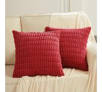 Fancy Homi Lot de 2 housses de coussin décoratives carrées en velours côtelé doux à rayures et rayures pour salon, canapé, lit, sofa, 55 x 55 cm, rouge