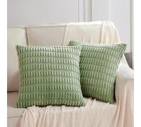 Fancy Homi Lot de 2 Housses de Coussin décoratives carrées en Velours côtelé Doux à Rayures pour Salon, canapé, lit, Sofa, 45 x 45 cm, Vert Sauge