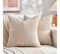 Fancy Homi Lot de 2 Housses de Coussin décoratives carrées en Velours côtelé Doux avec Motif Patchwork de Style Rustique pour Salon, canapé, lit, Sofa, décoration d'intérieur, Beige (50 x 50 cm)