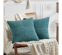 Fancy Homi Lot de 2 Housses de Coussin décoratives carrées en Velours côtelé Doux pour Salon, canapé, lit, Sofa, décoration d'intérieur - Style Rustique et bohème - 50 x 50 cm, Bleu Sarcelle