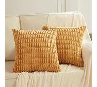 Fancy Homi Lot de 2 housses de coussin décoratives carrées en velours côtelé et doux à rayures pour salon, canapé, lit, canapé, décoration d'intérieur rustique et bohème, 60 x 60 cm, jaune moutarde