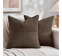 Fancy Homi Lot de 2 housses de coussin décoratives carrées en velours côtelé texturé avec patchwork, marron foncé, 66 x 66 cm, marron foncé