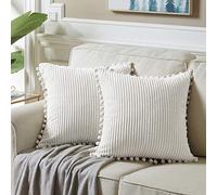 Fancy Homi Lot de 2 Housses de Coussin décoratives en Velours côtelé avec Pompons, 45 x 45 cm, crème
