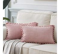 Fancy Homi Lot de 2 Housses de Coussin décoratives rectangulaires de Style bohème avec Pompons en Velours côtelé uni et Doux, pour canapé, Sofa, Chambre à Coucher, Voiture, Salon (30 x 50 cm, Rose