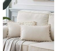 Fancy Homi Lot de 2 Housses de Coussin en Velours côtelé Doux avec Pompons, taies d'oreiller carrées Solides pour canapé, canapé, Chambre, Voiture, Salon 30,5 x 50,8 cm, crème.