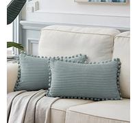 Fancy Homi Lot de 2 Housses de Coussin Lombaire décoratives rectangulaires avec Pompons de Style Rustique en Velours côtelé uni et Doux, pour canapé, Sofa, Chambre à Coucher, Salon (30 x 50 cm, Bleu