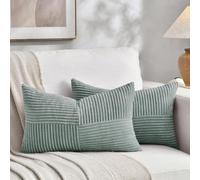 Fancy Homi Lot de 2 housses de coussin lombaire décoratives rectangulaires en velours côtelé doux à rayures de style rustique et bohème pour salon, canapé-lit, 50 x 70 cm, gris/bleu