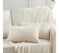 Fancy Homi Lot de 2 housses de coussin lombaire décoratives rectangulaires en velours côtelé doux à rayures de style rustique et bohème pour salon, canapé-lit, sofa, décoration d'intérieur, crème 35 x