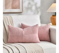Fancy Homi Lot de 2 Housses de Coussin Lombaire décoratives rectangulaires en Velours côtelé Doux à Rayures pour Salon, canapé, lit, Style Rustique et bohème, 30 x 50 cm, Rose pâle