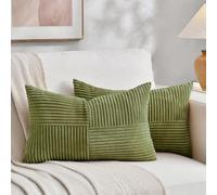 Fancy Homi Lot de 2 housses de coussin lombaire décoratives rectangulaires en velours côtelé doux, à rayures de style rustique et bohème pour salon, canapé-lit, 30 x 50 cm, vert mousse