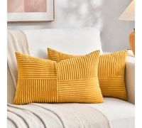 Fancy Homi Lot de 2 Housses de Coussin Lombaire Décoratives Rectangulaires en Velours Côtelé et à Rayures, Style Rustique et Bohème Printanier, 30 x 50 cm, Jaune