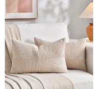 Fancy Homi Lot de 2 housses de coussin lombaire décoratives rectangulaires en velours côtelé et à rayures de style bohème pour salon, canapé, lit, sofa, décoration d'intérieur, beige, 30 x 50 cm,
