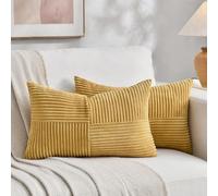 Fancy Homi Lot de 2 housses de coussin lombaire décoratives rectangulaires en velours côtelé et à rayures de style rustique et bohème pour canapé-lit, 35,6 x 61 cm, jaune moutarde