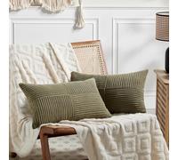 Fancy Homi Lot de 2 housses de coussin lombaire décoratives rectangulaires en velours côtelé rayé doux, de style rustique et bohème pour décoration intérieure, pour canapé, lit, sofa, 40 x 60 cm, vert