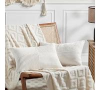 Fancy Homi Lot de 2 housses de coussin lombaire longues décoratives rectangulaires en velours côtelé et à rayures de style rustique et bohème pour canapé-lit, 30 x 60 cm, blanc crème