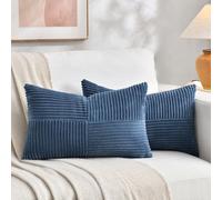Fancy Homi Lot de 2 housses de coussin lombaire rectangulaires décoratives en velours côtelé doux à rayures pour canapé-lit, sofa, décoration d'intérieur rustique, bohème, 30 x 50 cm, bleu antique