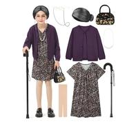 FancyFun Costume de vieille femme 8 pièces pour enfants, filles, costume de 100 jours d'école pour grand-mère, perruque, robe, lunettes, canne, ensemble d'accessoires F 8-10 ans