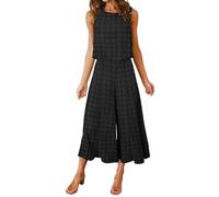 FANCYINN 2 Pièces Femmes Combinaison Sans Manches Col Rond Chemise Barboteuse Jumpsuit D'été Chic Élégant Longue Basique Pantalon Taille Haute Loose Casual Combishort Point Noir Suisse XL