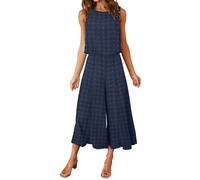 FANCYINN 2 Pièces Femmes Combinaison Sans Manches Col Rond Chemise Barboteuse Jumpsuit D'été Chic Élégant Longue Basique Pantalon Taille Haute Loose Casual Combishort Bleu Foncé Swiss Point M