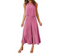 FANCYINN 2 Pièces Femmes Combinaison Sans Manches Col Rond Chemise Barboteuse Jumpsuit D'été Chic Élégant Longue Basique Pantalon Taille Haute Loose Casual Combishort Point Rose Suisse L