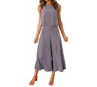 FANCYINN 2 Pièces Femmes Combinaison Sans Manches Col Rond Chemise Barboteuse Jumpsuit D'été Chic Élégant Longue Basique Pantalon Taille Haute Loose Casual Combishort Gris Suisse Point M