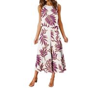 FANCYINN 2 Pièces Femmes Combinaison Sans Manches Col Rond Chemise Barboteuse Jumpsuit D'été Chic Élégant Longue Basique Pantalon Taille Haute Loose Casual Combishort Blanc avec Feuilles Violettes XXL