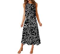 FANCYINN 2 Pièces Femmes Combinaison Sans Manches Col Rond Chemise Barboteuse Jumpsuit D'été Chic Élégant Longue Basique Pantalon Taille Haute Loose Casual Combishort Noir avec Fleurs Blanches L