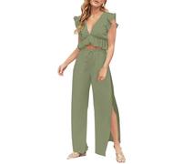 Fancyinn Ensemble Pantalon et Haut Femme Crop Top 2 Pieces Combinaison,Olive Verte,M(EU 38-40)