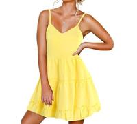 FANCYINN Femmes col en v Bretelles Spaghetti Robes Dos Nu sans Manches Robe Florale à Volants lâche Swing Robe décontractée Jaune XS