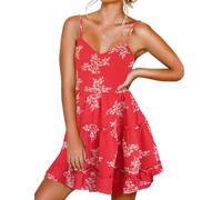 FANCYINN Femmes col en v Bretelles Spaghetti Robes Dos Nu sans Manches Robe Florale à Volants lâche Swing Robe décontractée Imprimé Floral Blanc Rouge XS