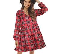 FANCYINN Robe à Carreaux pour Femmes avec Cloche Manches Longues Mini Robe évasée à Volants avec Poches Rouge et Jaune XL