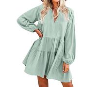 FANCYINN Robe Droite à Manches Cloche à Volants pour Femmes Babydoll Mini Robe décontractée en Lin avec Poches à Manches Longues Vert Clair M