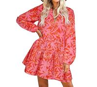 FANCYINN Robe Droite à Manches Cloche à Volants pour Femmes Babydoll Mini Robe décontractée en Lin avec Poches à Manches Longues Floral Rose M