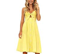 FANCYINN Robe Femmes sans Manches Boutonnee Floral Imprime Spaghetti Strap Button Down Robe Midi Jaune XL