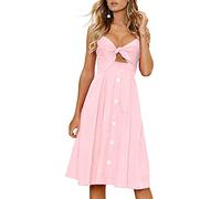 FANCYINN Robe Femmes sans Manches Boutonnee Floral Imprime Spaghetti Strap Button Down Robe Midi Rose L