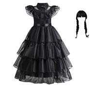 Fancyland Robe Mercredi Addams pour femme - Costume de cosplay, Filles Mercredi Costume Perruque Avec Frange (Set, XS)