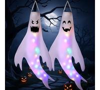 Fancysky Halloween Fantôme Suspendue Décoration, Décoration Halloween Extérieur Drapeaux et Manches à Air Fantômes 2 Pièces, Lumineux Fantôme avec Coloré LED, pour Jardin,Cour,Porte, Fête d'halloween