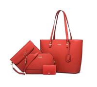 FANDARE Elégant 4 pièces Sac à Main Femme avec Sacs épaule bandoulière Ensemble Pochette Portefeuille Sac Cabas Sacoche Portés pour Voyage Shopper Sacoches Besace Tote Bag Rouge