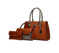 FANDARE Elégant Sac à Main Femme Sacs épaule bandoulière Ensemble 3 pièces Pochette Portefeuille Rétro Léopard Sacoche Portés Cabas pour Voyage Shopper Sacoches Besace Tote Bag Marron