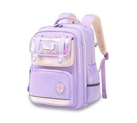 FANDARE Léger Imperméable Cartable Enfant Garçon Fille École pour Primaire Maternelle Bretelles Larges Dos 3D Mousse Sangles Poitrine Antichoc Violet