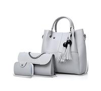 FANDARE Mode Sac Bucket 3pcs Set Sac à Main Femme étanche Sac portés épaule Sacs à Bandoulière avec Pompon PU Cuir Sac Messager Chaîne pour Voyage Travail Achats Fête Gris Clair