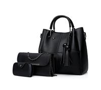 FANDARE Mode Sac Bucket 3pcs Set Sac à Main Femme étanche Sac portés épaule Sacs à Bandoulière avec Pompon PU Cuir Sac Messager Chaîne pour Voyage Travail Achats Fête Noir A