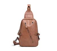 FANDARE Nouveau Sac de Poitrine Sacoche pour Homme Sac d'Epaule Sacoche avec USB pour écouteurs Trou PU Sac Bandoulière Grande Capacité Sling Bag Cyclisme,Équitation,Voyage Imperméable Marron Foncé a