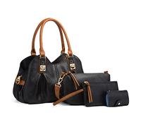 FANDARE Rétro Sac à Main Femme Bandoulière Étanche - Pochette Cuir Souple Porté Épaule - 4 Pièces pour Voyage, Travail, Achats - Cabas Noir